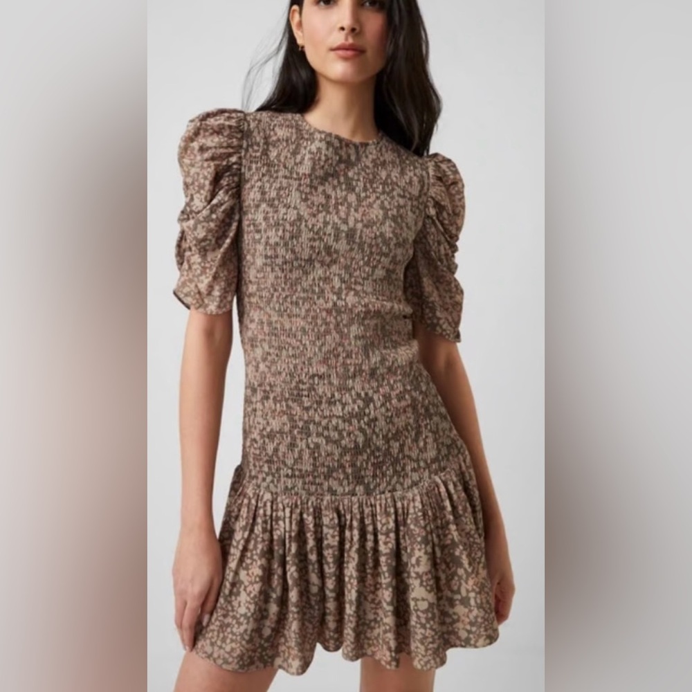 French Connection Erika Drape Printed Smock Dress in Khaki-Green Size Xtra Small